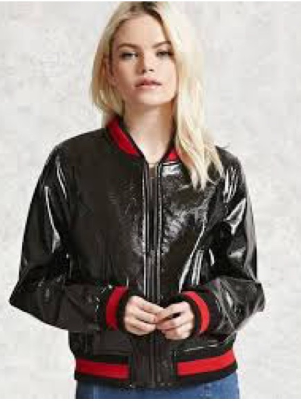 Forever 21 Black Patent Bomber Jacket with Red Trim